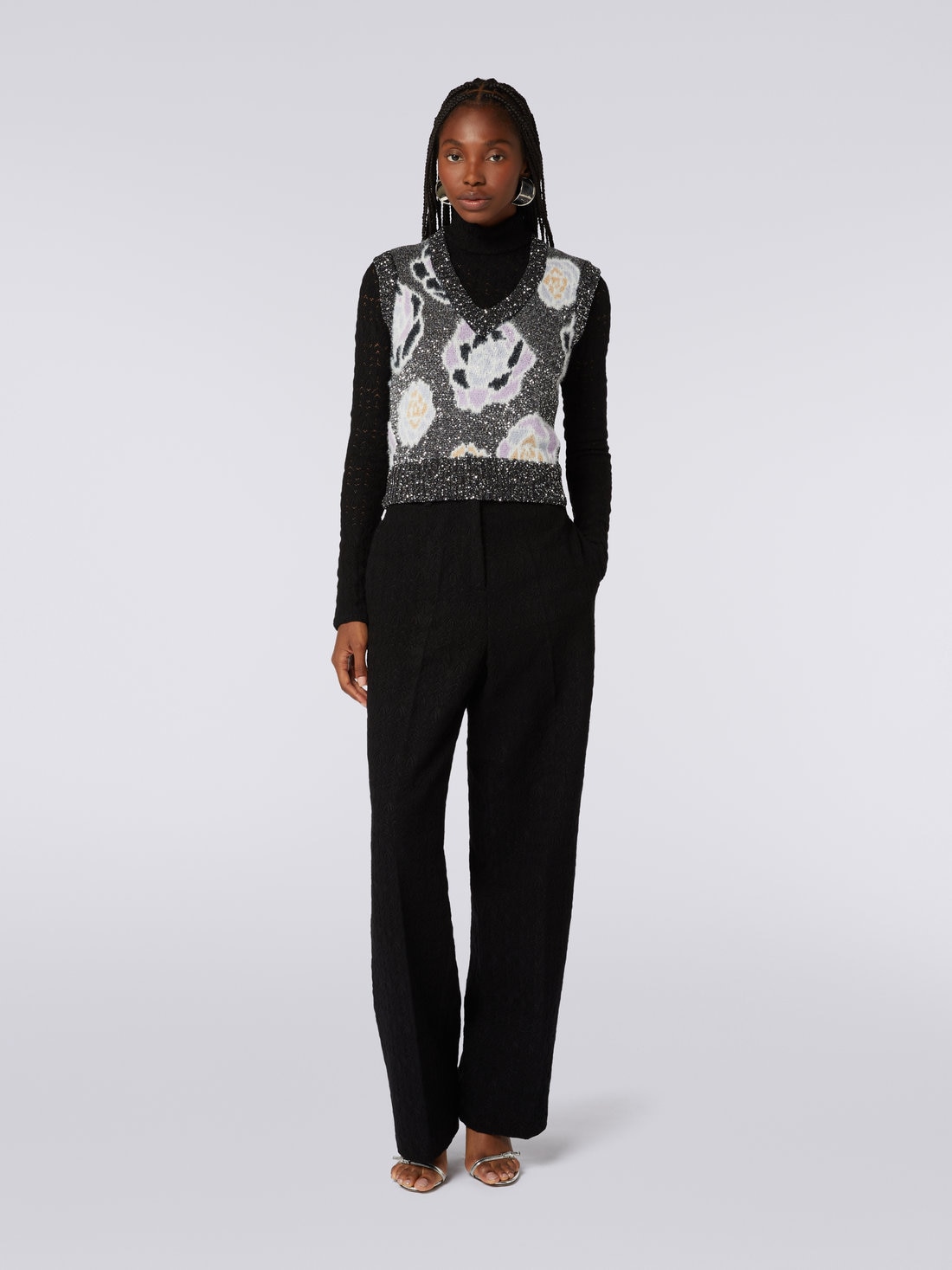 Veste sans manches à encolure en V en laine mélangée avec roses et paillettes, Multicolore  - 8051575968730 - 1