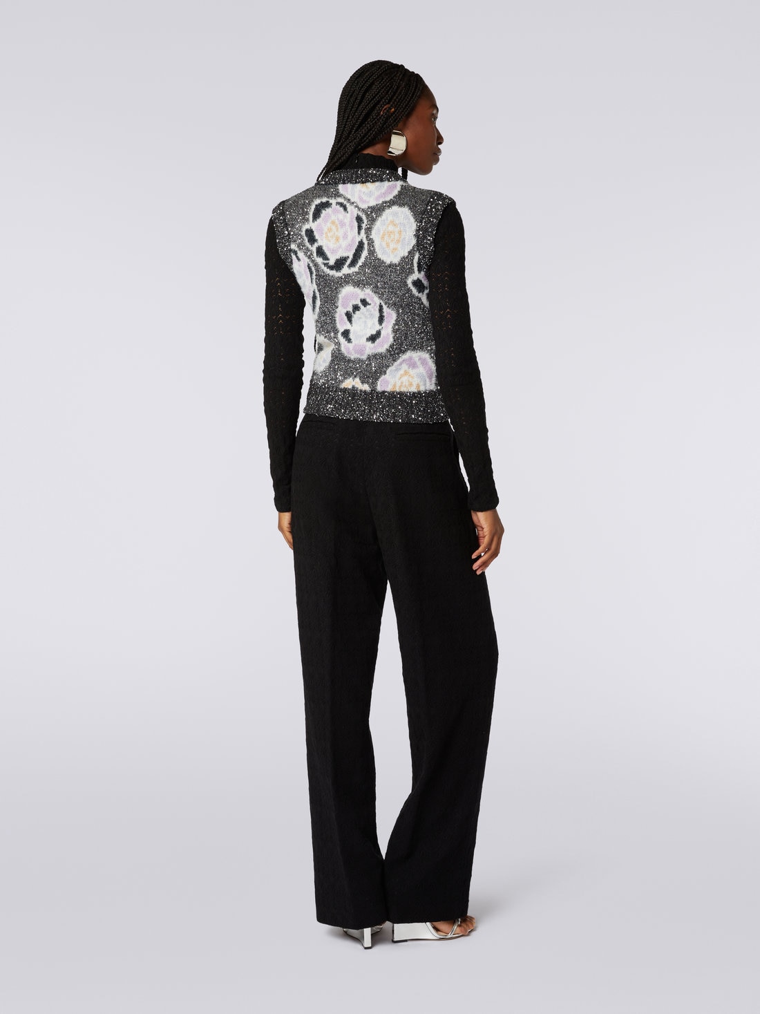 Veste sans manches à encolure en V en laine mélangée avec roses et paillettes, Multicolore  - 8051575968730 - 3