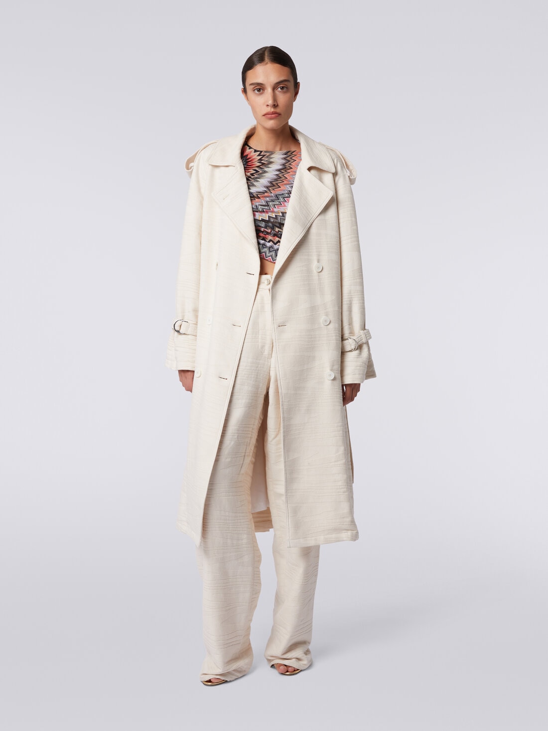 Trench coat in slub jacquard cotton canvas, Beige - DS24SC05BW00RC31308 - 1