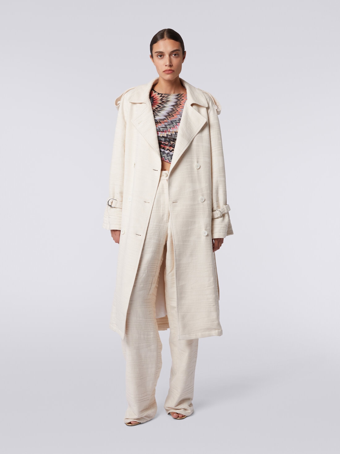 Trench in canvas di cotone jacquard fimmato, Beige - DS24SC05BW00RC31308 - 1