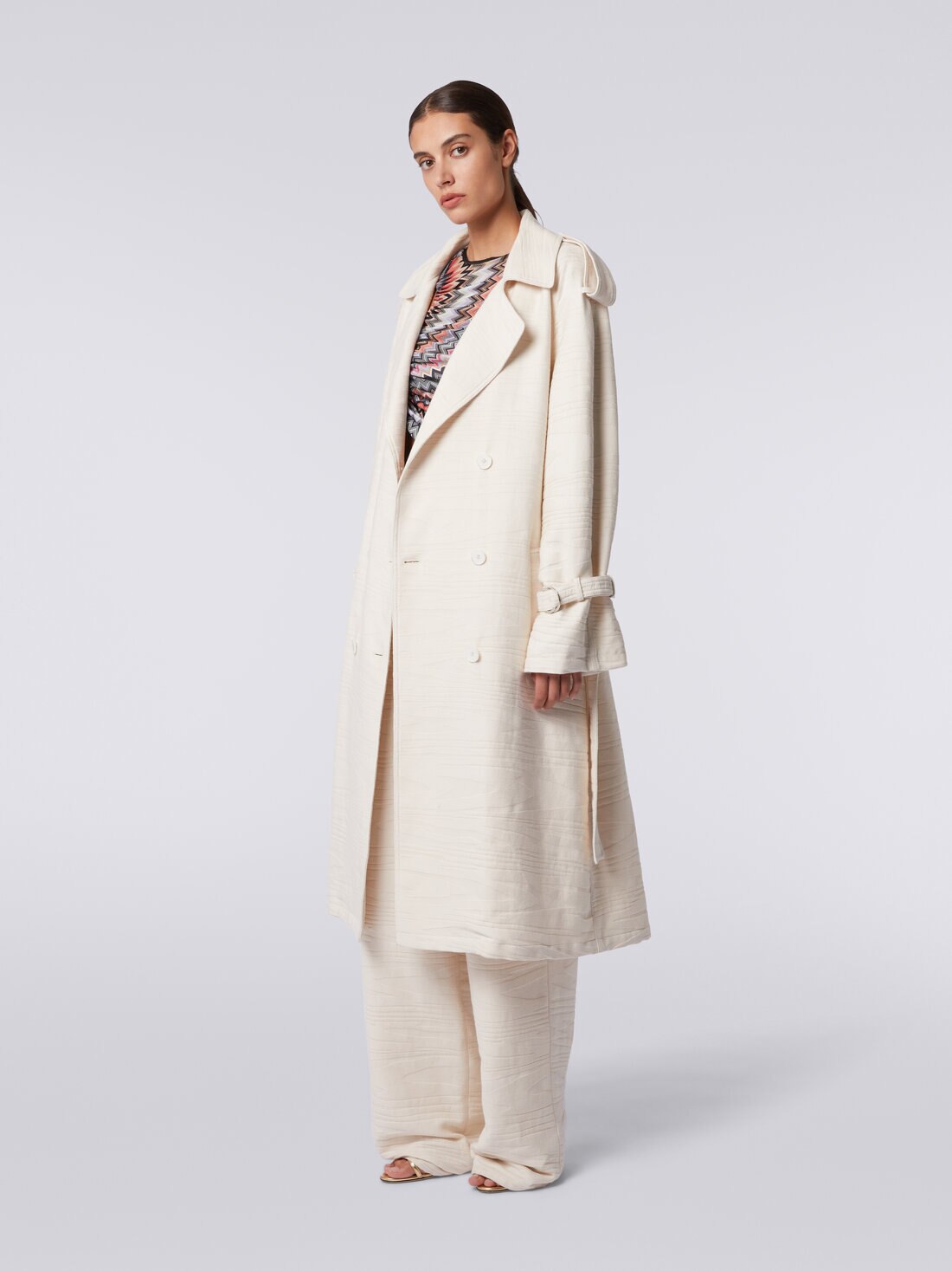 Trench coat in slub jacquard cotton canvas, Beige - DS24SC05BW00RC31308 - 2