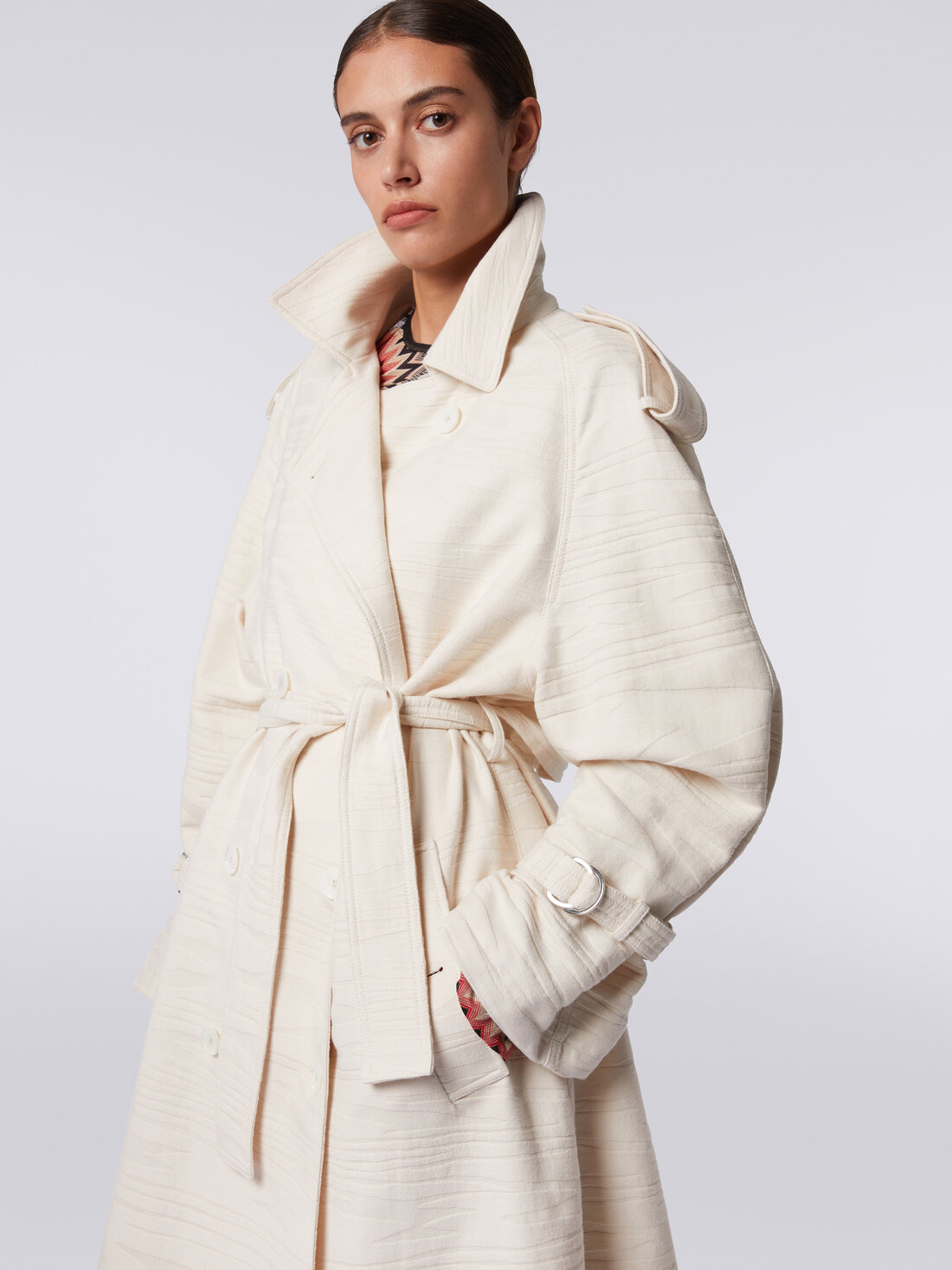 Trench coat in slub jacquard cotton canvas, Beige - DS24SC05BW00RC31308 - 4