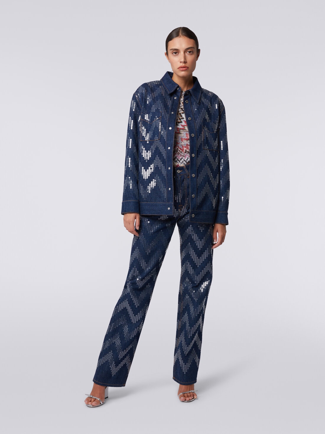 Overshirt in denim with sequin appliqué, Blue - DS24SC0EBW00R9S72EF - 1