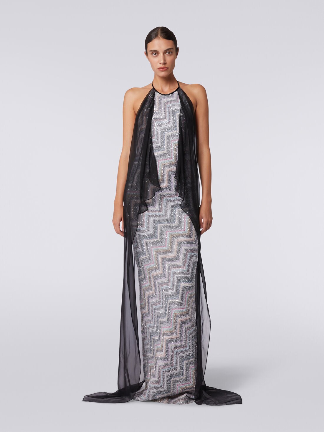 Long dress in zigzag knit with sequins and chiffon appliqué, Multicoloured  - DS24SG0NBV00EBS91IX - 1