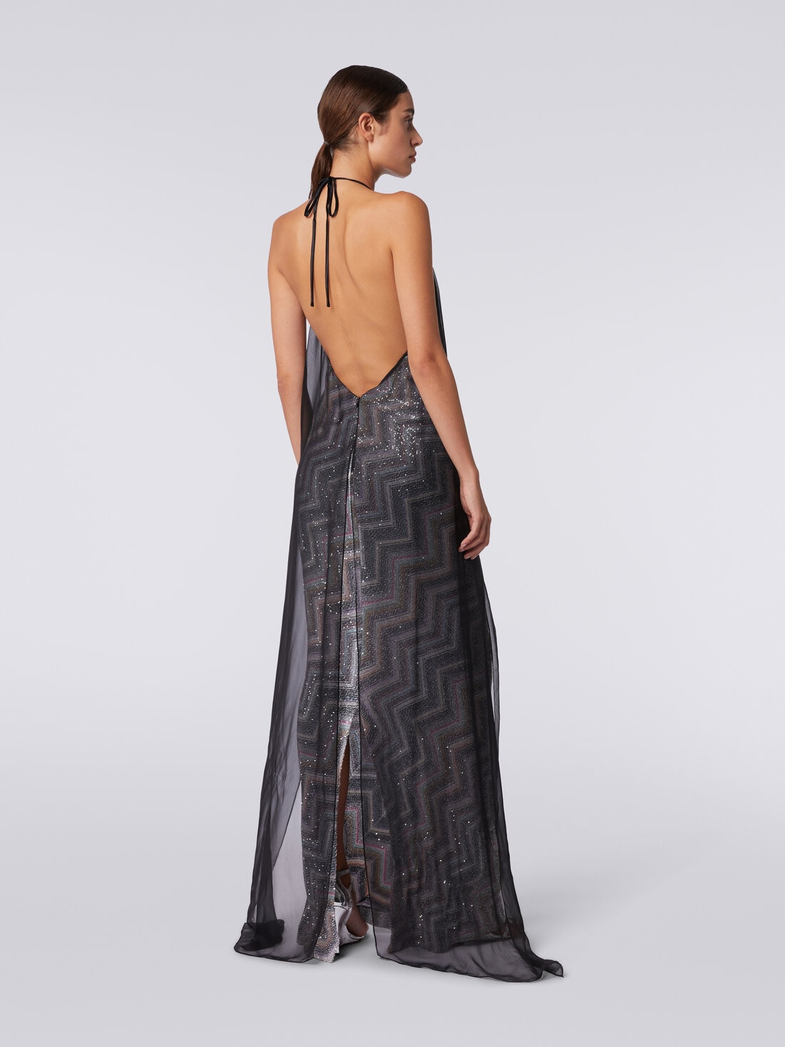 Long dress in zigzag knit with sequins and chiffon appliqué Multicoloured |  Missoni