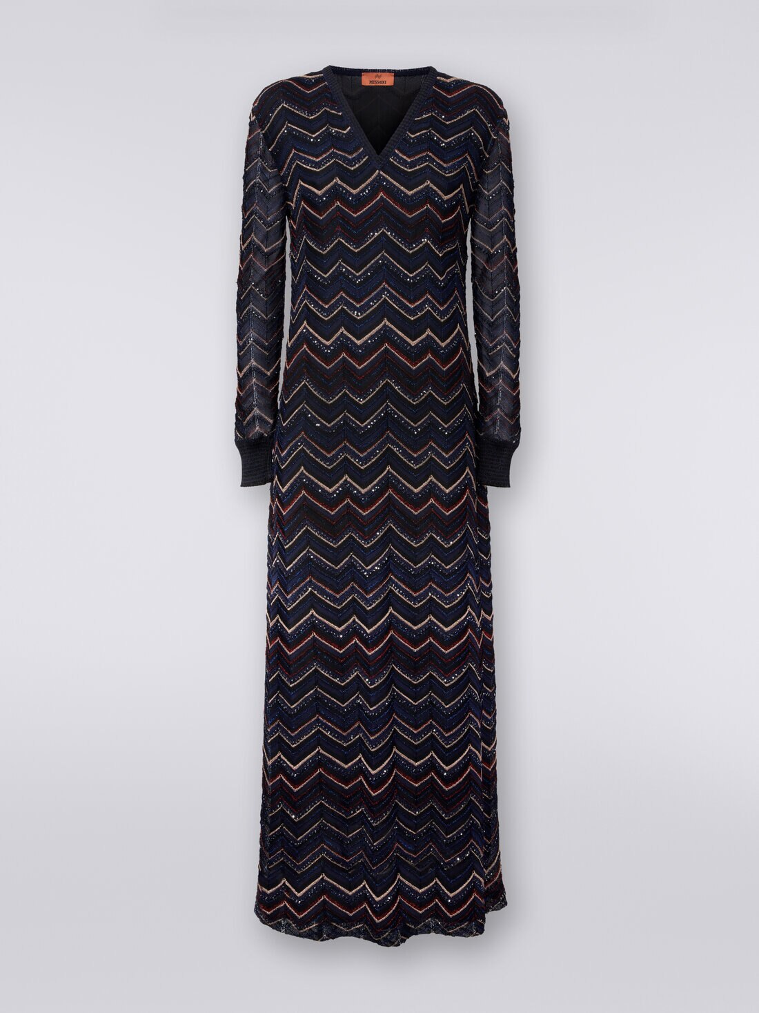 Long dress in zigzag knit with V neckline and lurex, Multicoloured  - DS24SG0XBK033ISM9AP - 0