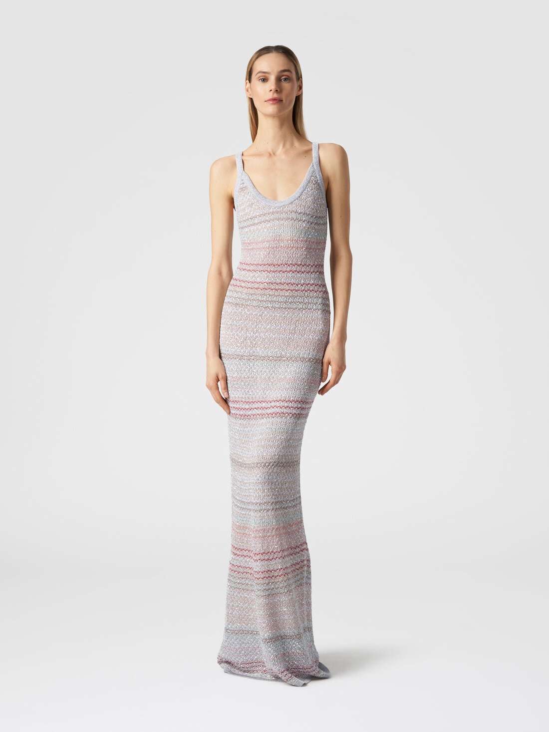 Long dress in zigzag knit with crochet-effect weave, Multicoloured  - DS24SG14BK033PSM9AI - 1