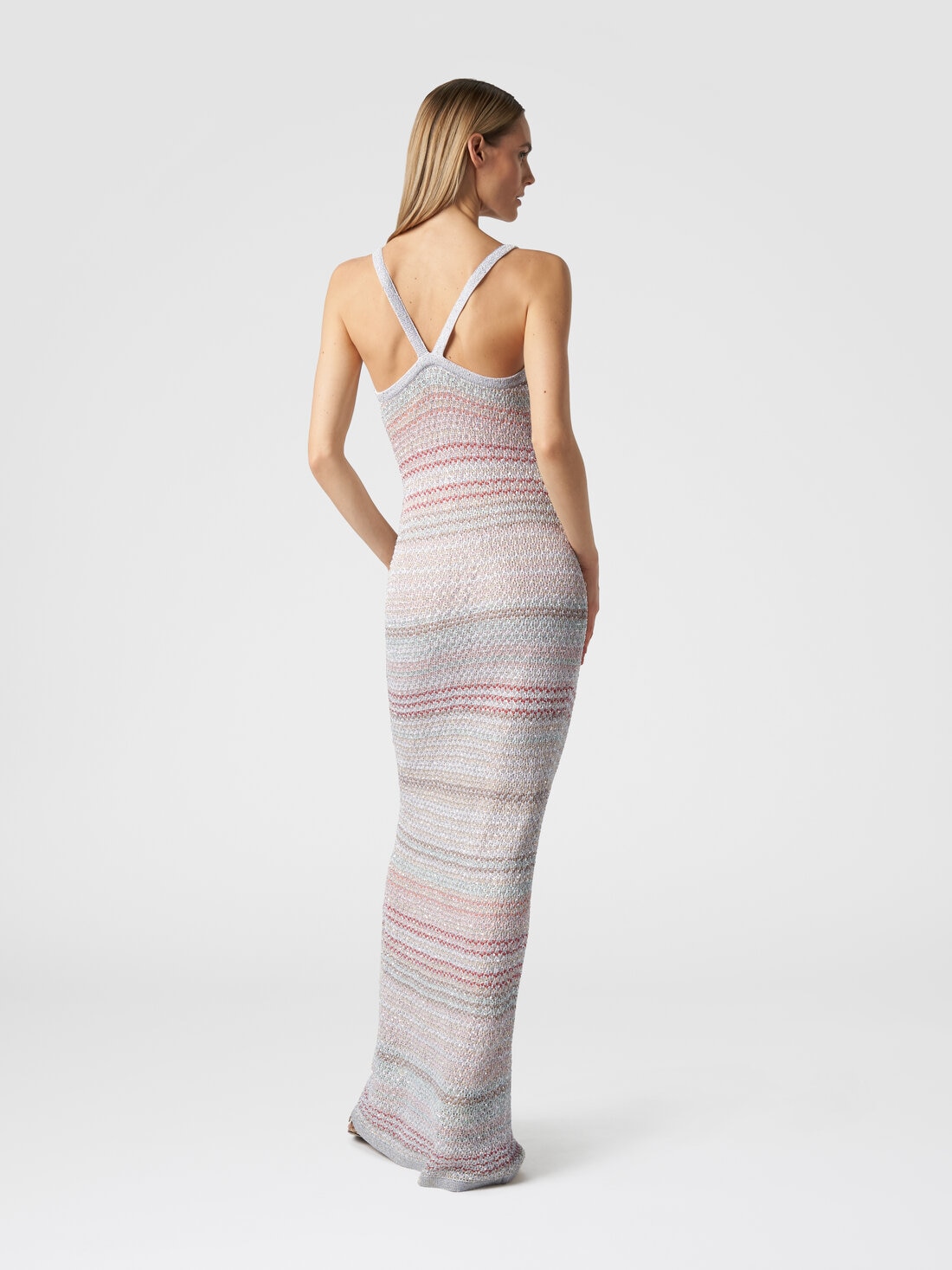 Long dress in zigzag knit with crochet-effect weave, Multicoloured  - DS24SG14BK033PSM9AI - 2
