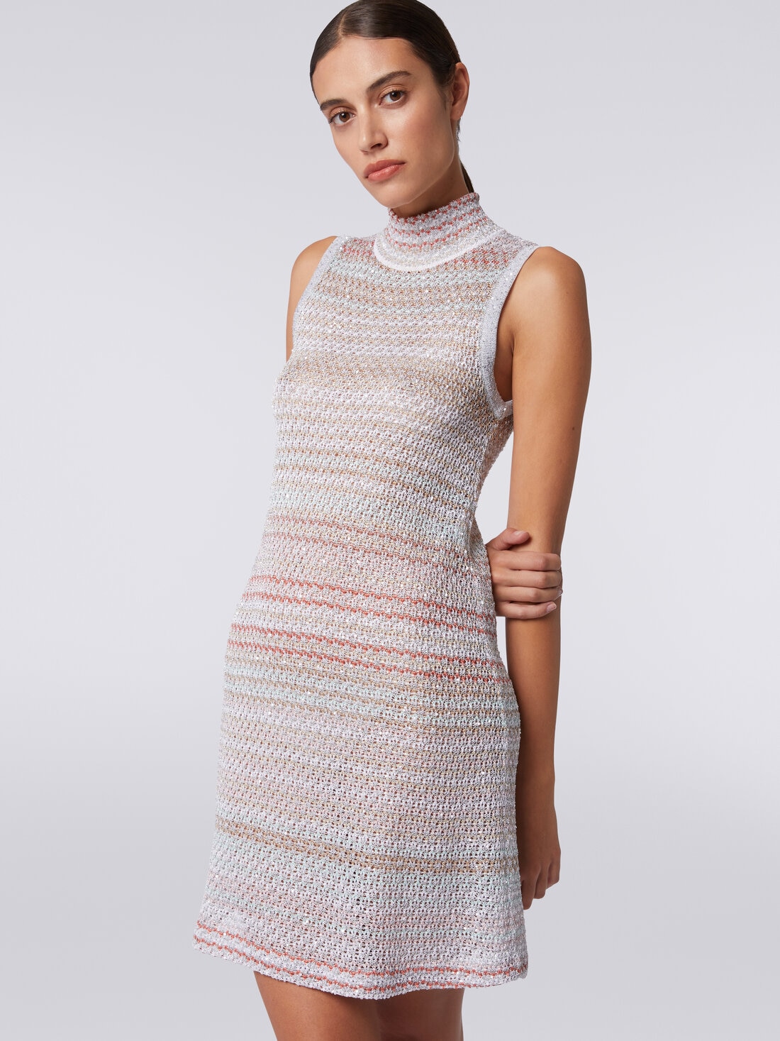 Minidress in mesh knit with high neck and sequin appliqué, Multicoloured  - DS24SG15BK033PSM9AI - 4