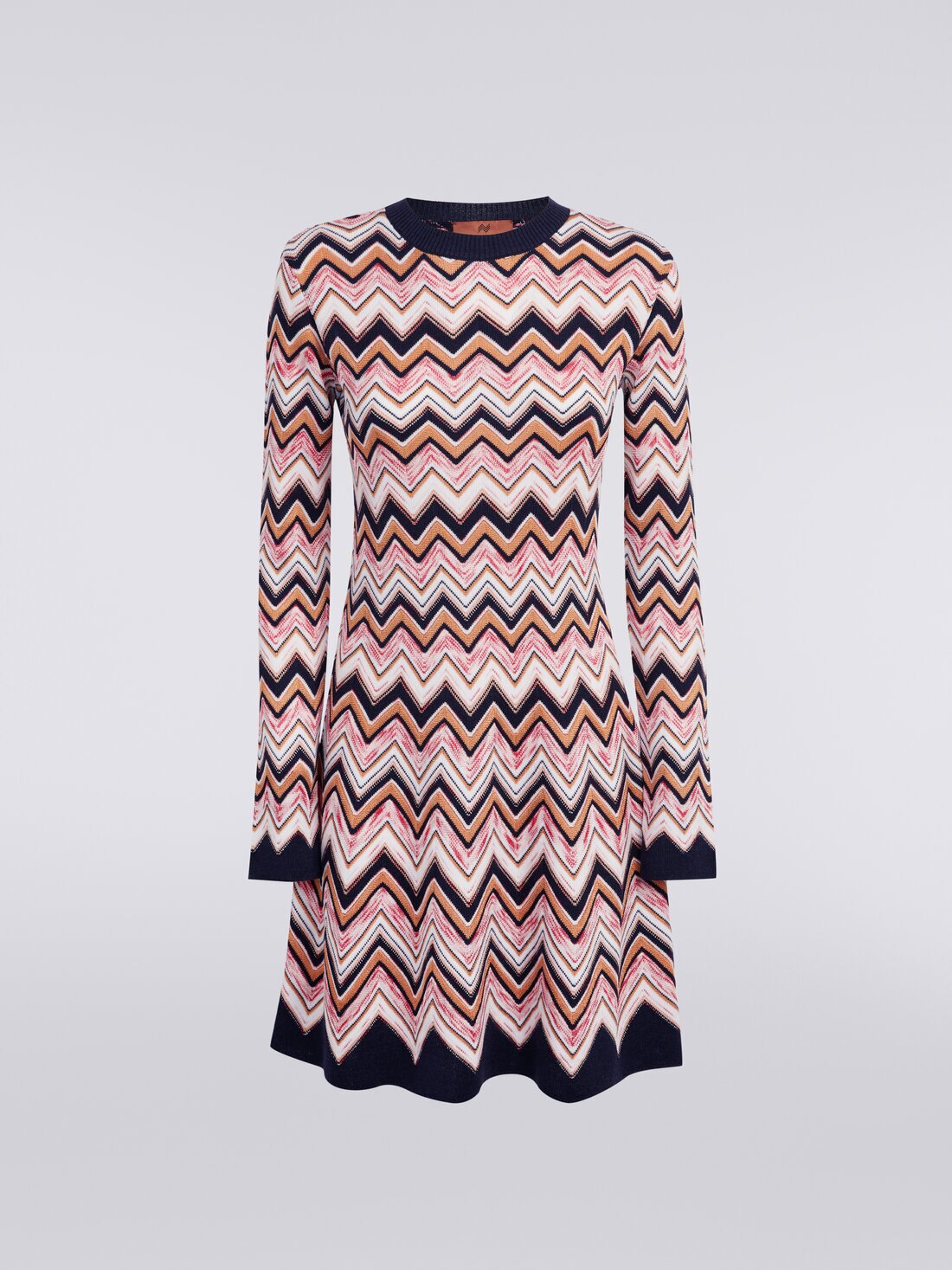 Long-sleeved crew-neck dress in zigzag knit, Multicoloured  - DS24SG1DBK034ESM9AL - 0