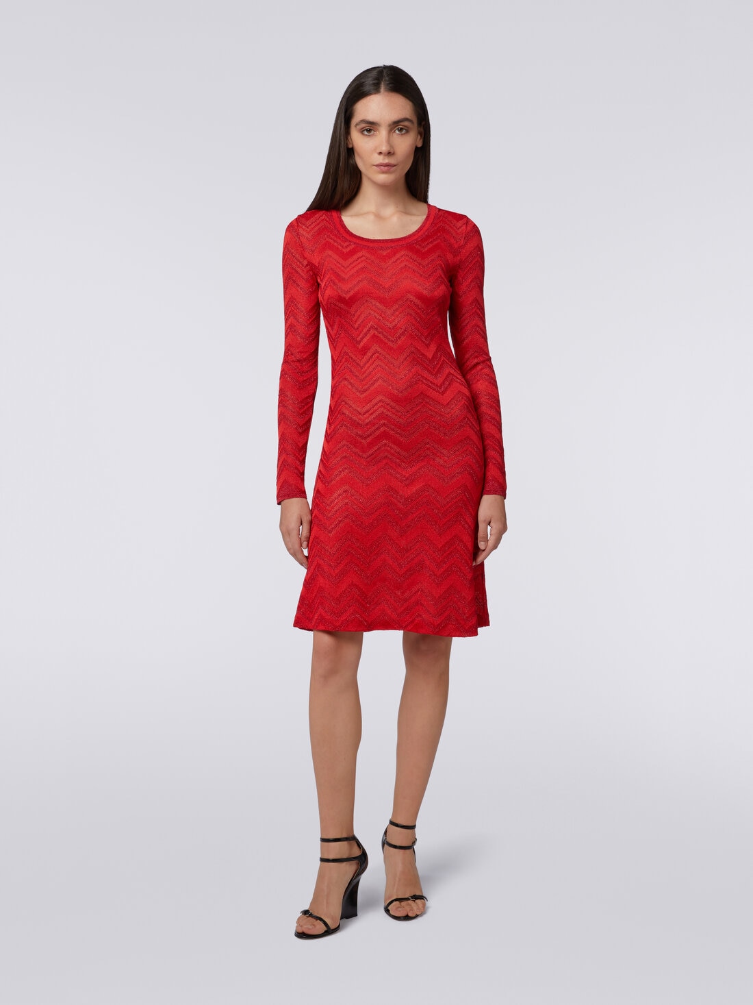 Robe en maille à motif zig zag ton sur ton avec lurex, Rouge  - DS24SG1HBK034J81756 - 1