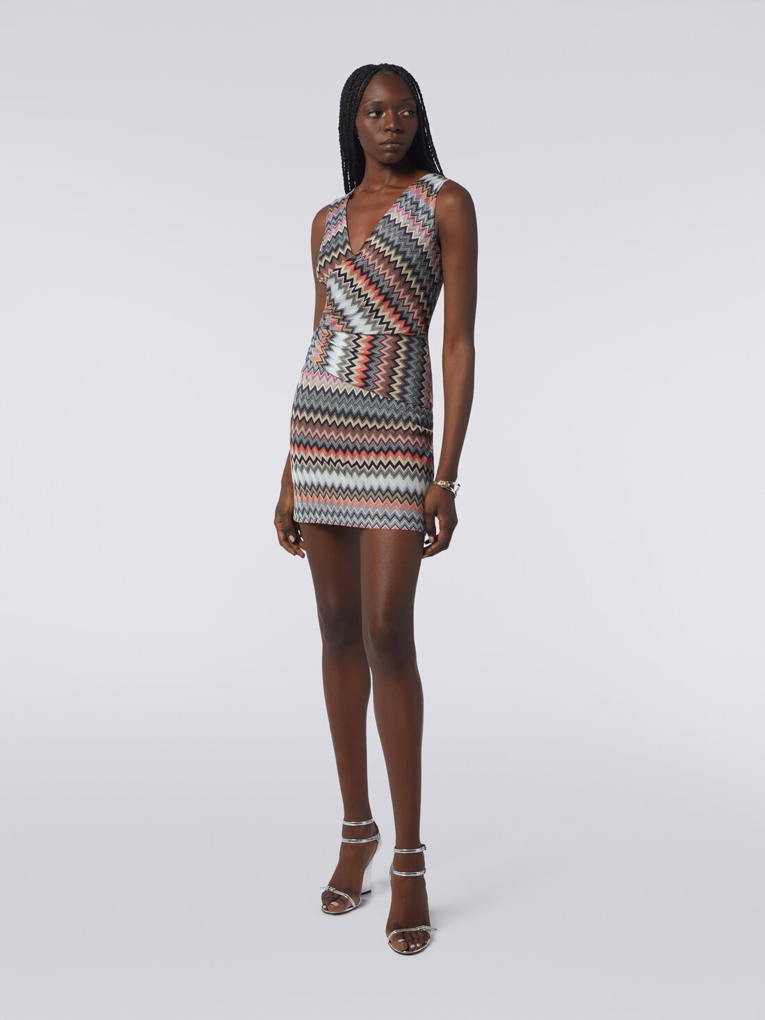 V-neck minidress in zigzag viscose and cotton, Multicoloured  - DS24SG1LBR00UMSM96P - 1