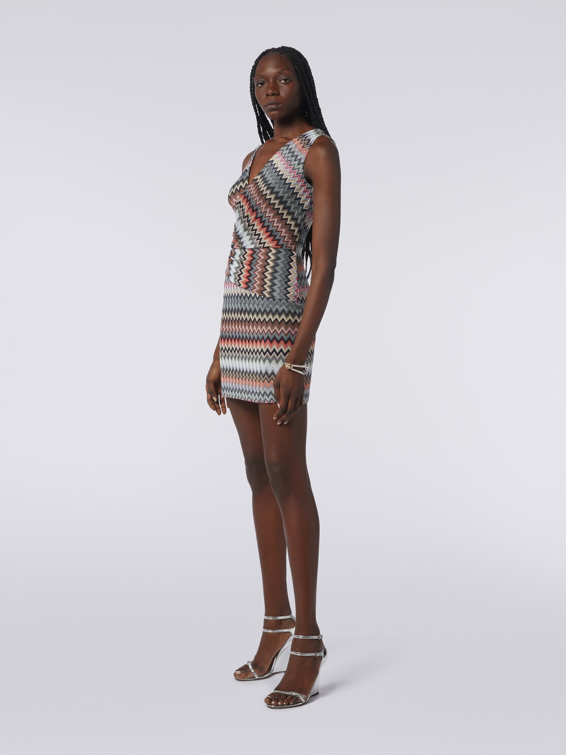 Mini-robe à encolure en V en coton et viscose à zig zag, Multicolore  - DS24SG1LBR00UMSM96P - 2
