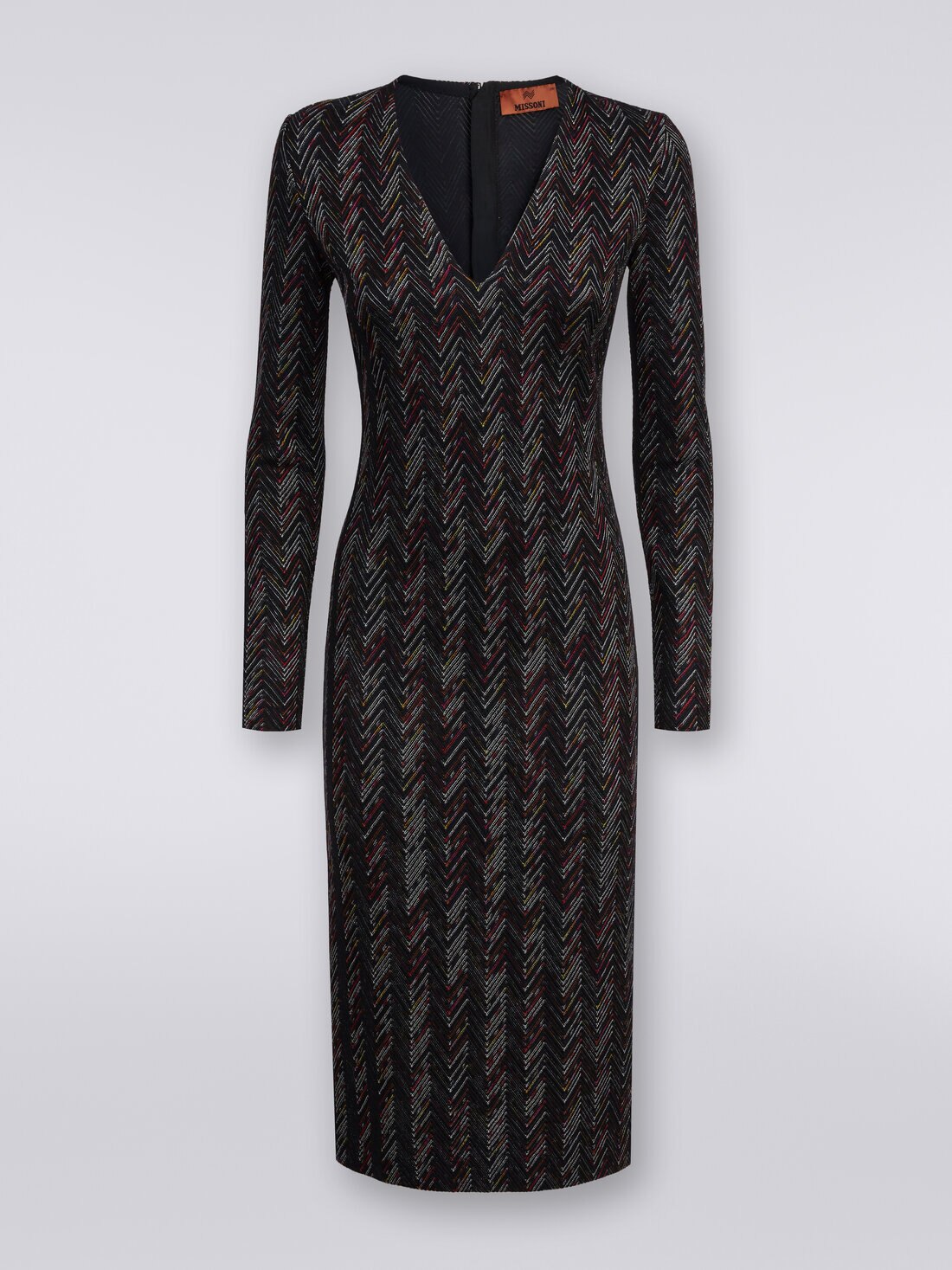 Long V-neck dress in zigzag viscose and wool, Multicoloured  - DS24SG1NBR00UPSM96R - 0