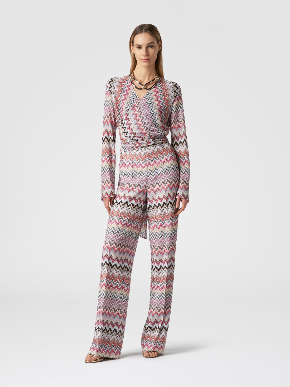 Long jumpsuit in zigzag lamé viscose, Multicoloured  - DS24SG1RBR00UXSM975 - 1