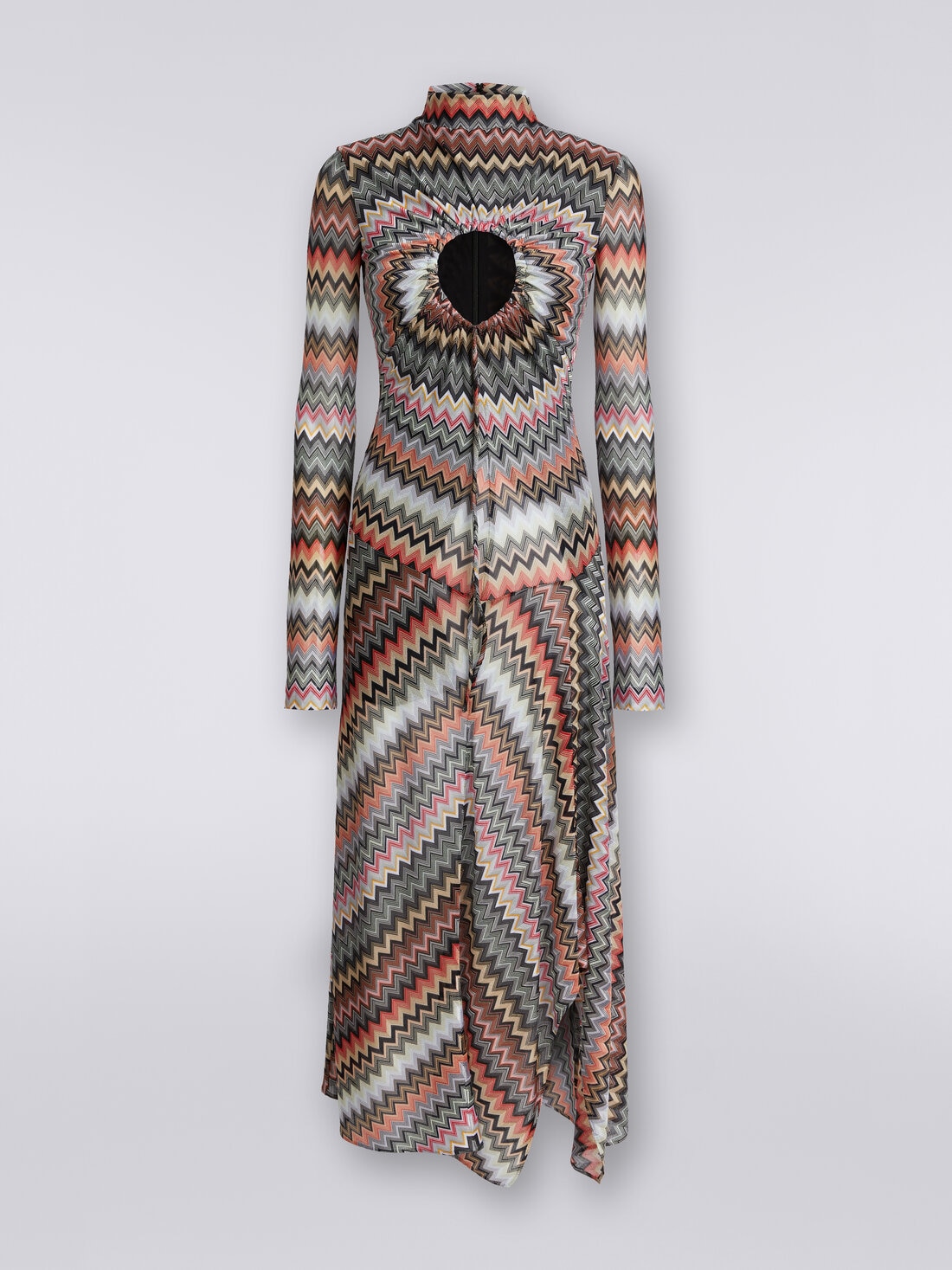 Robe longue en coton et viscose à motif zig zag avec finition découpée et fente, Multicolore  - DS24SG26BR00UMSM96P - 0