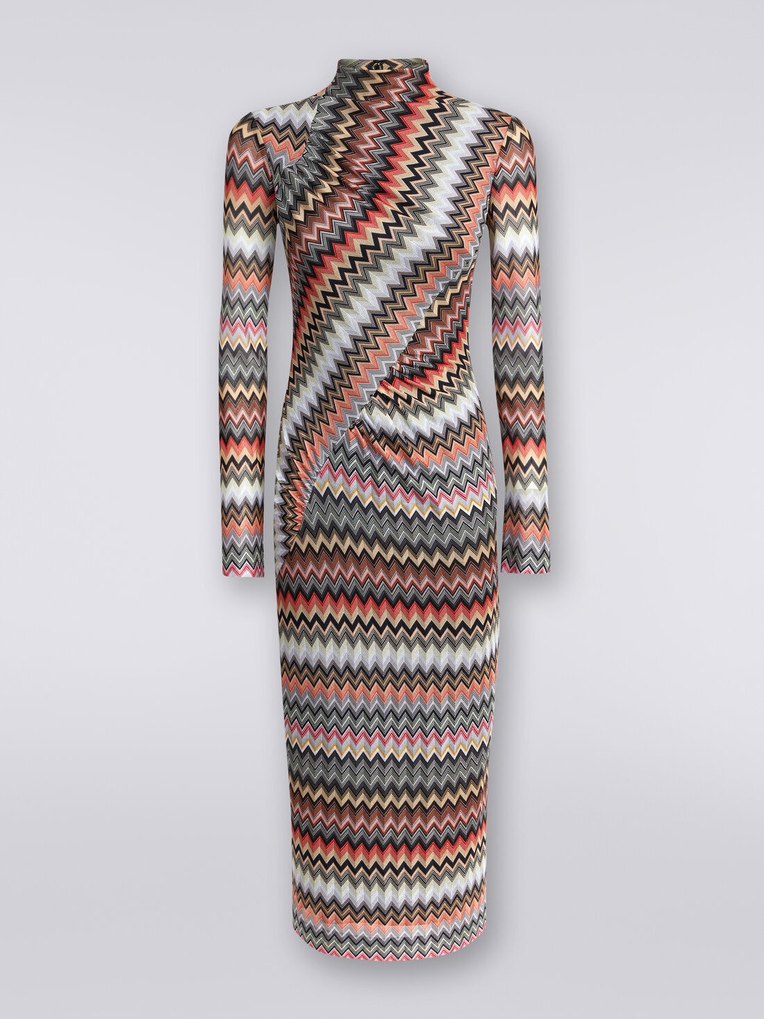 Langes Kleid mit hohem Kragen aus Baumwolle und Viskose mit Zickzackmuster und Raffung , Mehrfarbig  - DS24SG27BR00UMSM96P - 0