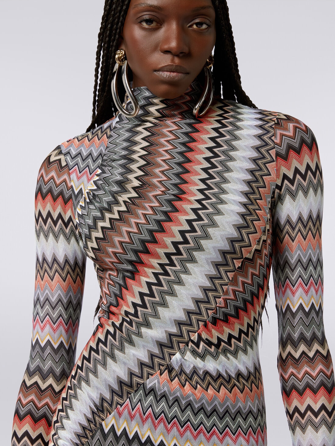 Long high-neck dress in zigzag viscose and cotton with gathers  Multicoloured | Missoni