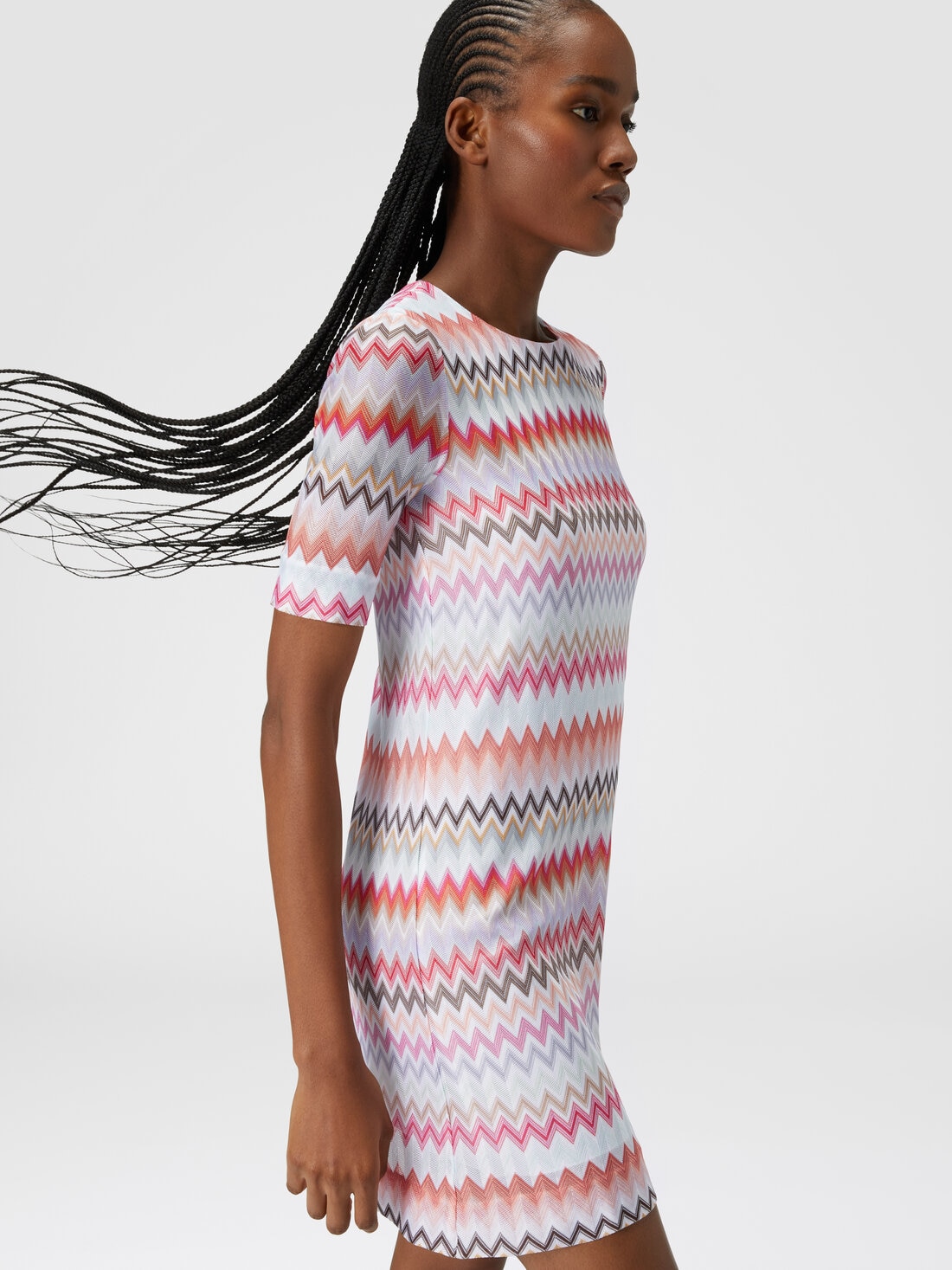 Short-sleeved dress in zigzag viscose and cotton , Multicoloured  - DS24SG29BR00UMSM96Q - 3