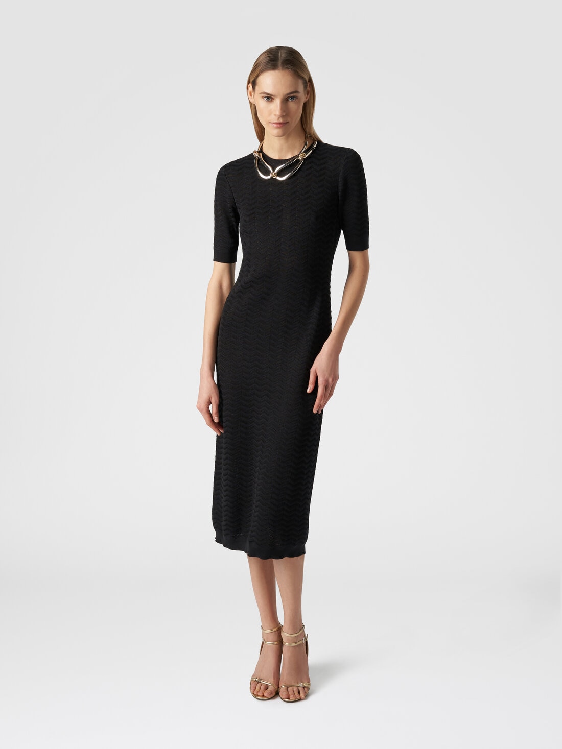 Robe mi-longue à col rond en mailles à chevrons, Noir    - 8053147060927 - 1