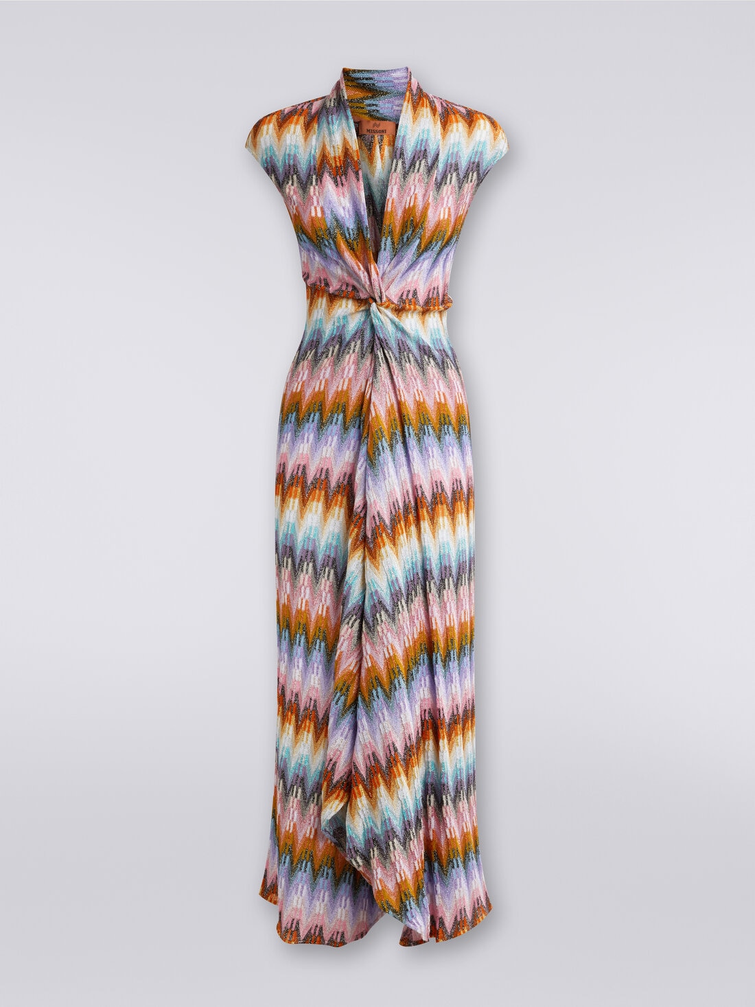 Vestido largo con escote anudado y lúrex, Multicolor  - DS24SG4IBR00Y5SM9CP - 0