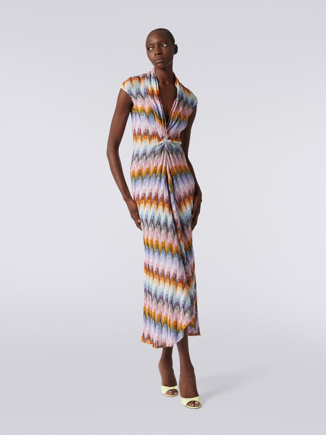 Long dress with knotted neckline and lurex, Multicoloured  - DS24SG4IBR00Y5SM9CP - 1