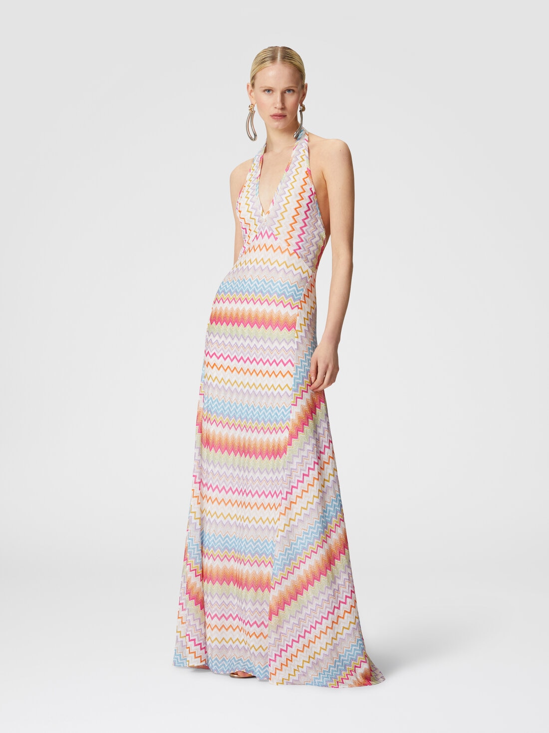 Long dress in viscose with zigzag pattern with lurex, Multicoloured  - DS24SG4QBR00YBSM9CH - 1