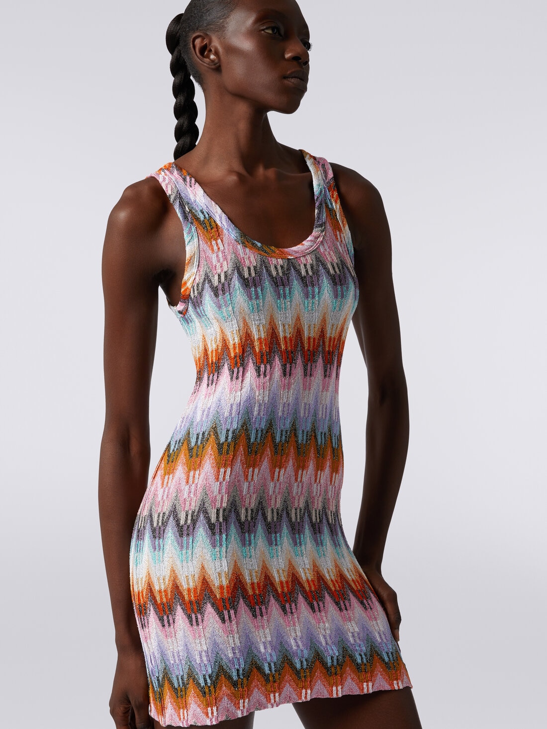 Sleeveless viscose zigzag mini dress with lurex, Multicoloured  - DS24SG53BR00Y5SM9CP - 4