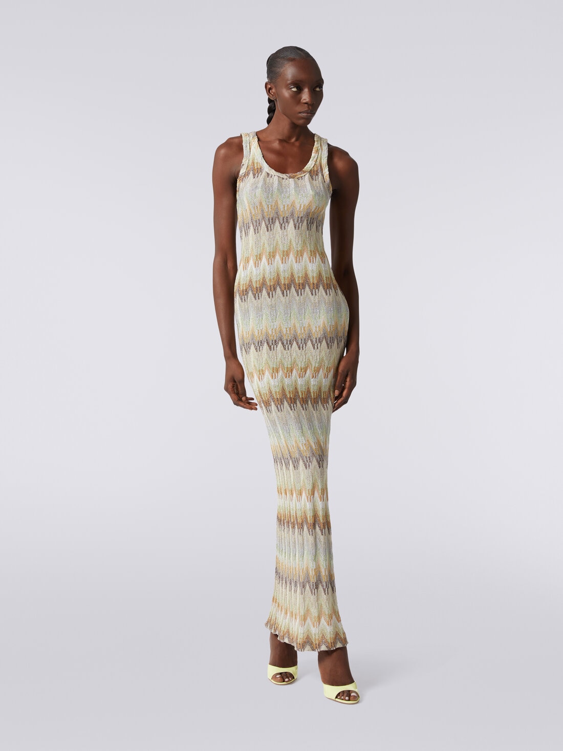 Long sleeveless dress in viscose with zigzag pattern with lurex, Multicoloured  - DS24SG54BR00Y5SM9CJ - 1