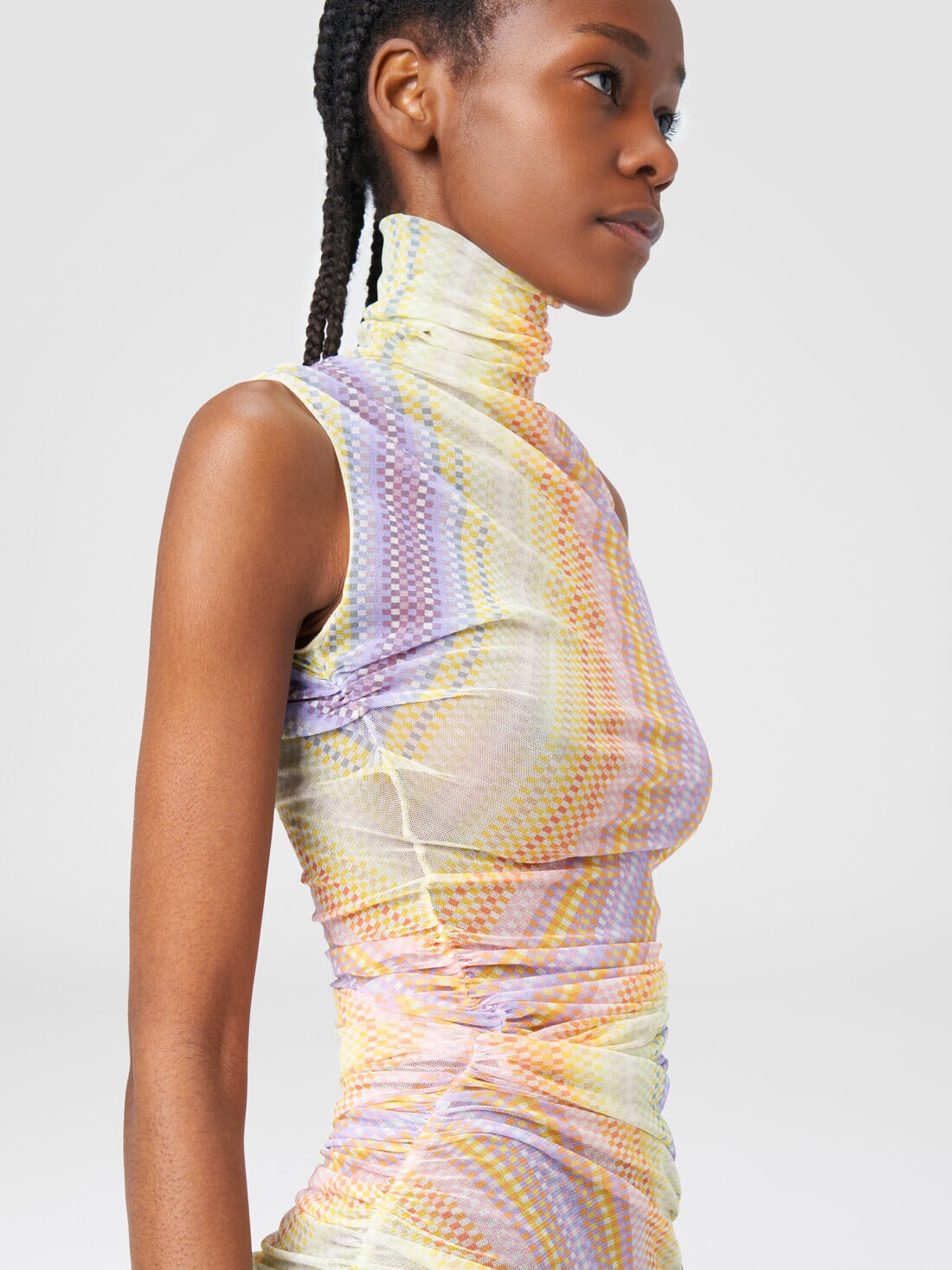 Long high-neck dress in tulle with side gathers, Multicoloured  - 8053147127286 - 4