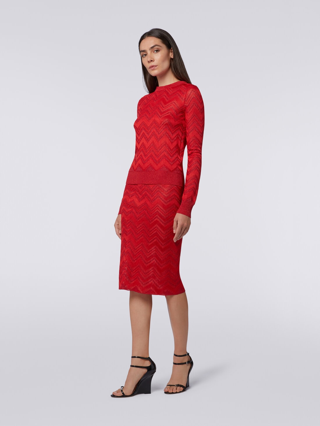 Longuette skirt in zigzag knit with lurex, Red  - DS24SH0TBK034J81756 - 2