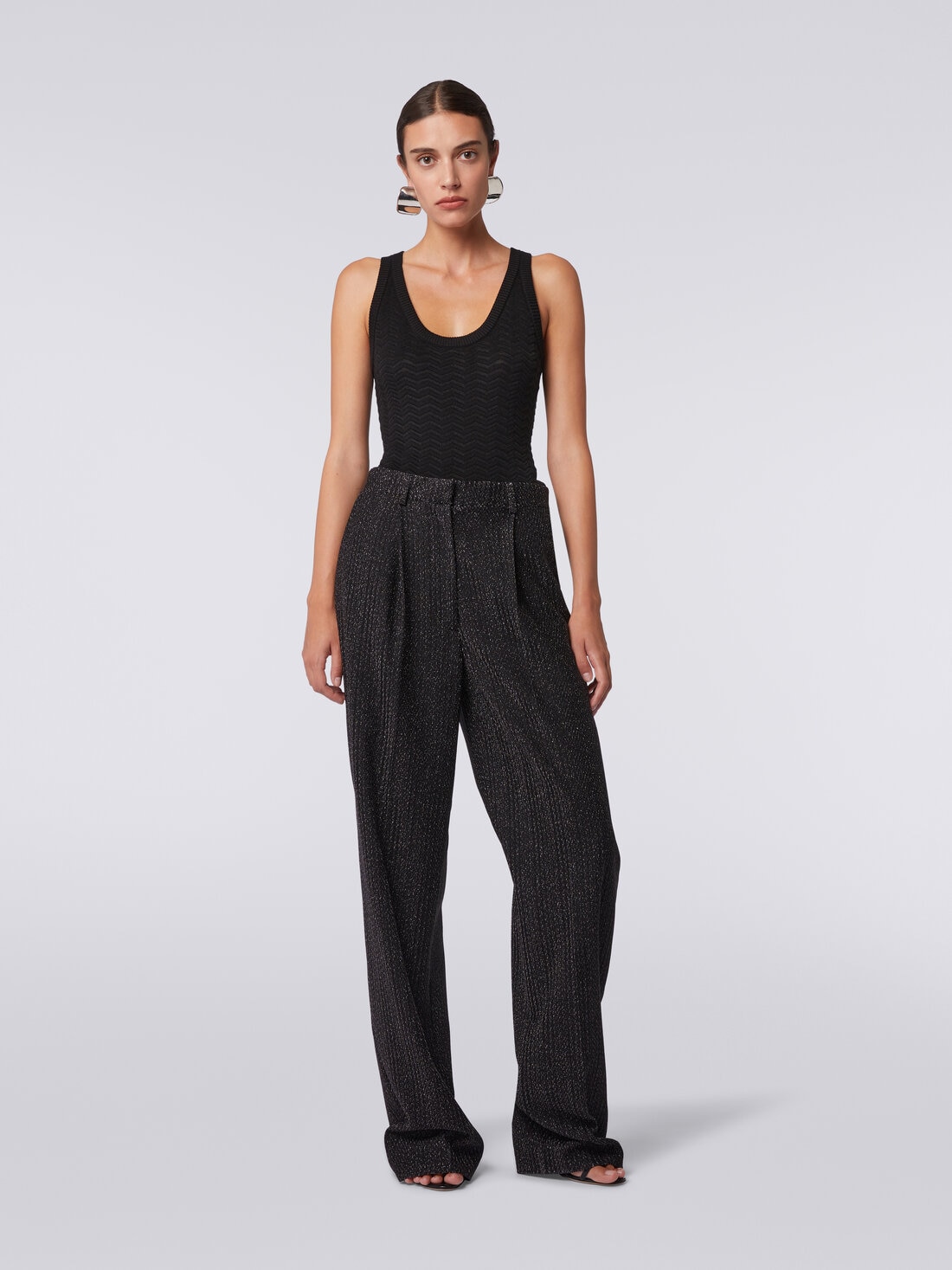 Trousers in lamé viscose blend, Black    - DS24SI08BR00UNS91IG - 1