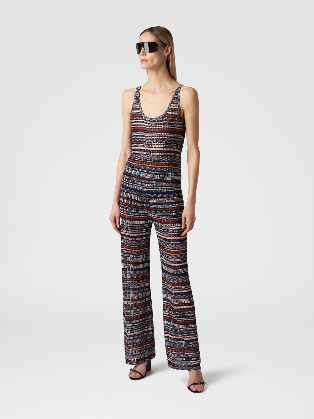 Ribbed trousers in slub viscose knit, Multicoloured  - DS24SI0FBK033GSM9AV - 1