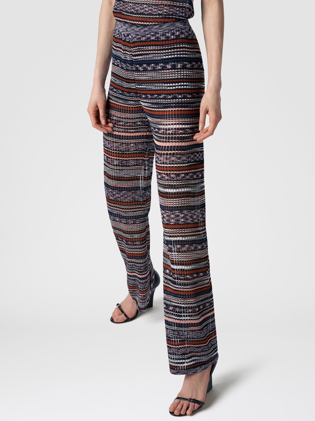 Ribbed trousers in slub viscose knit, Multicoloured  - DS24SI0FBK033GSM9AV - 3
