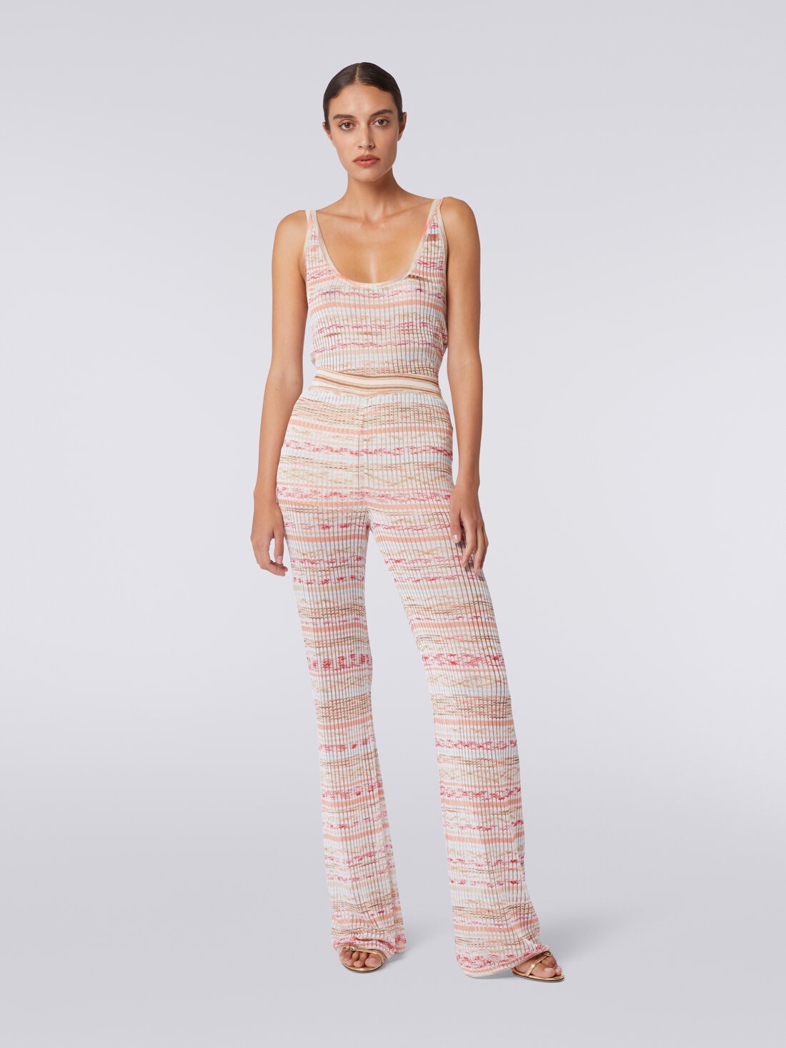 Ribbed trousers in slub viscose knit, Multicoloured  - DS24SI0FBK033GSM9AW - 1