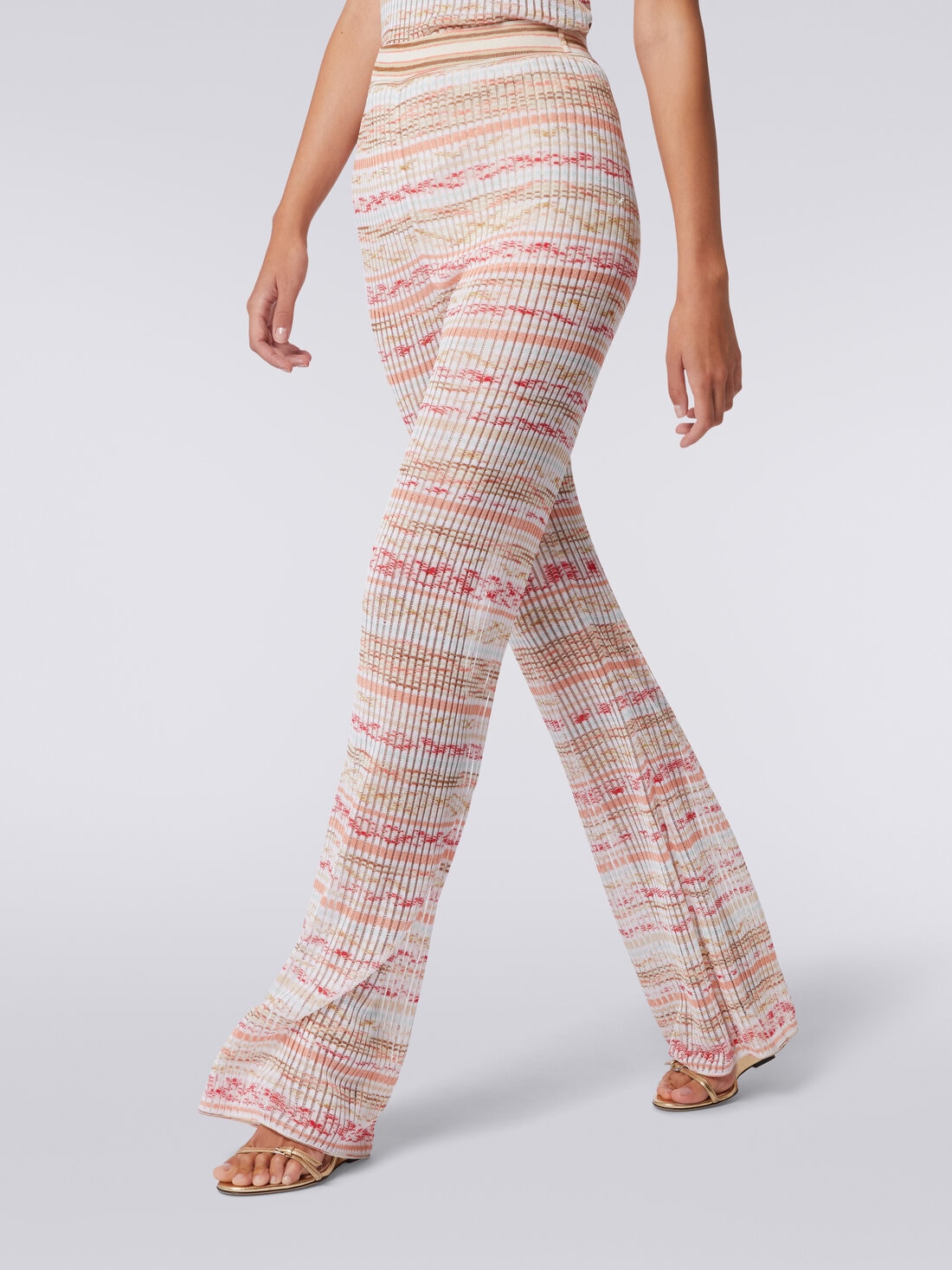 Ribbed trousers in slub viscose knit, Multicoloured  - DS24SI0FBK033GSM9AW - 4