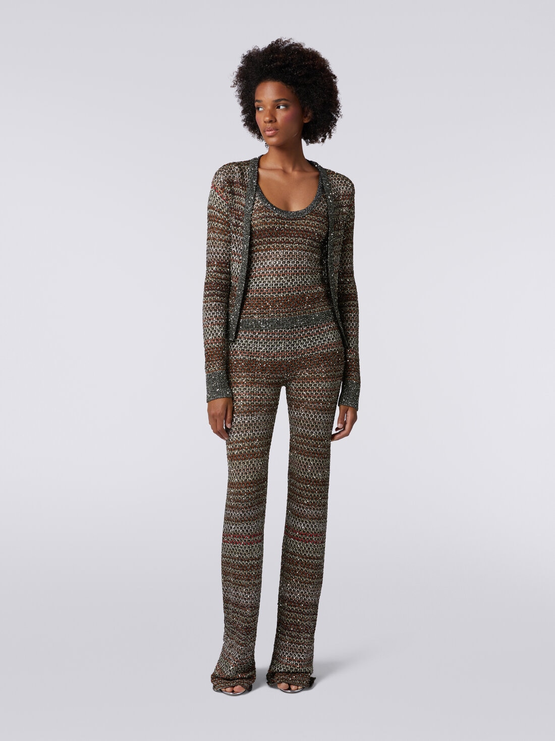 Trousers in mesh knit with sequin appliqué  , Multicoloured  - DS24SI0JBK033PSM9AJ - 1