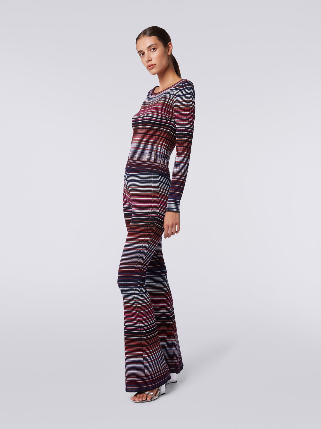 Flared trousers in striped viscose and cotton knit , Multicoloured  - DS24SI0LBK033TSM9AU - 2