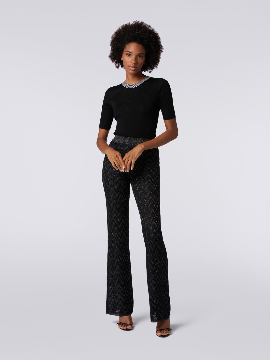 Trousers in zigzag viscose knit with lurex, Black    - DS24SI0QBK034GSM9AQ - 1