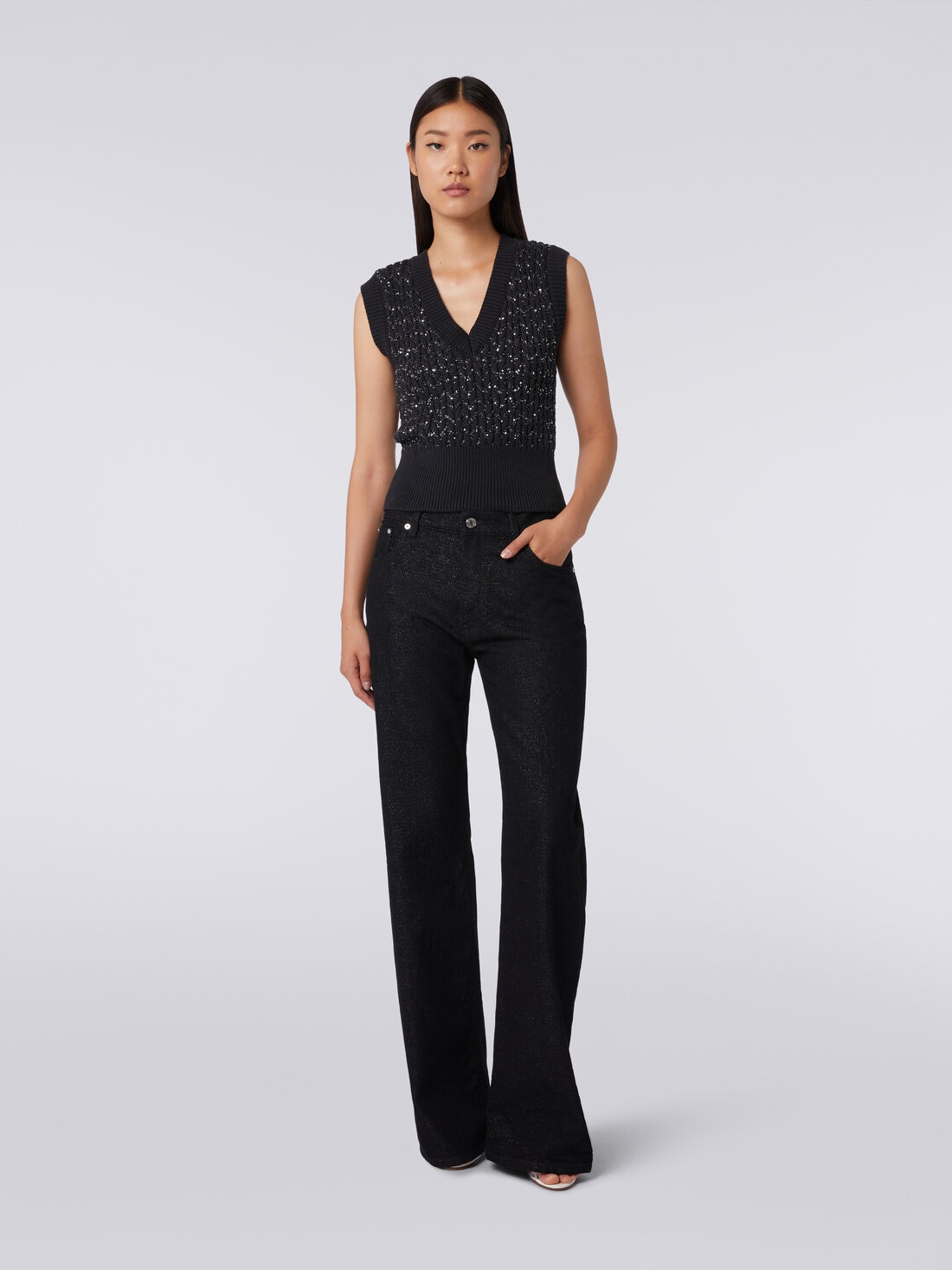 Five-pocket trousers in lamé denim, Black    - DS24SI0VBW00S993911 - 1
