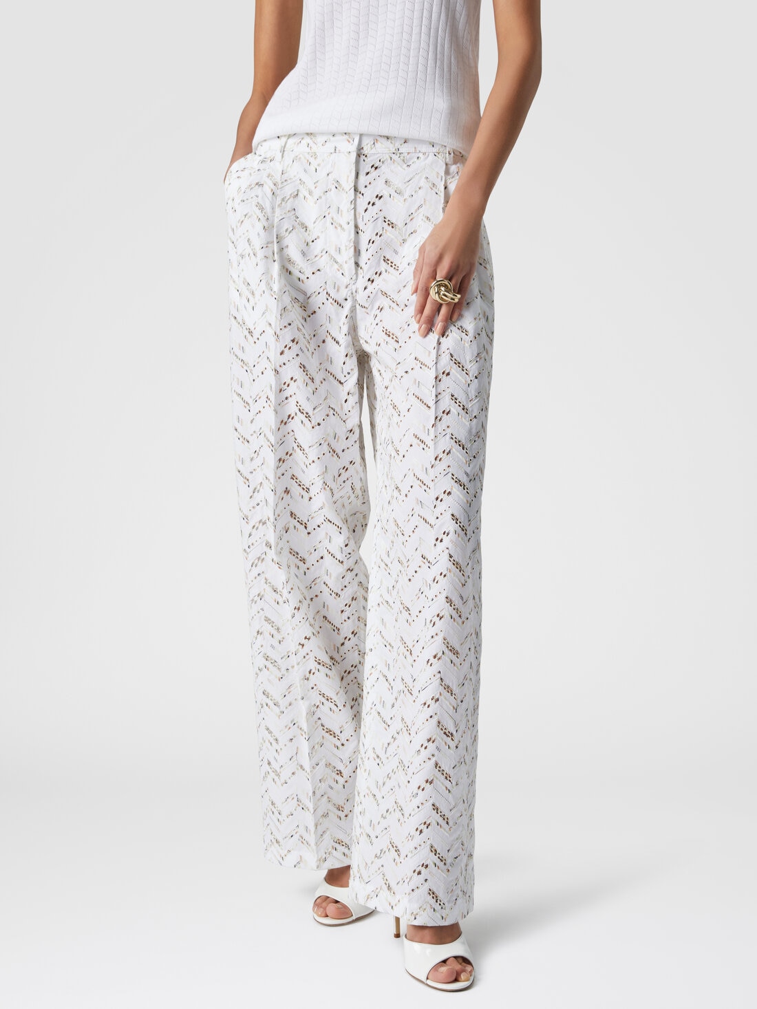 Cotton poplin trousers with eyelet lace, Multicoloured  - DS24SI18BW00SVSM9DY - 3