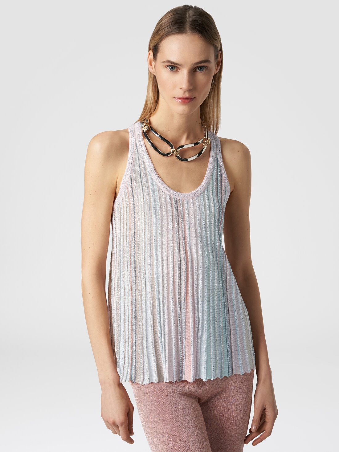 Tank top in vertical striped knit with sequins , Multicoloured  - DS24SK01BK033MSM9AH - 3