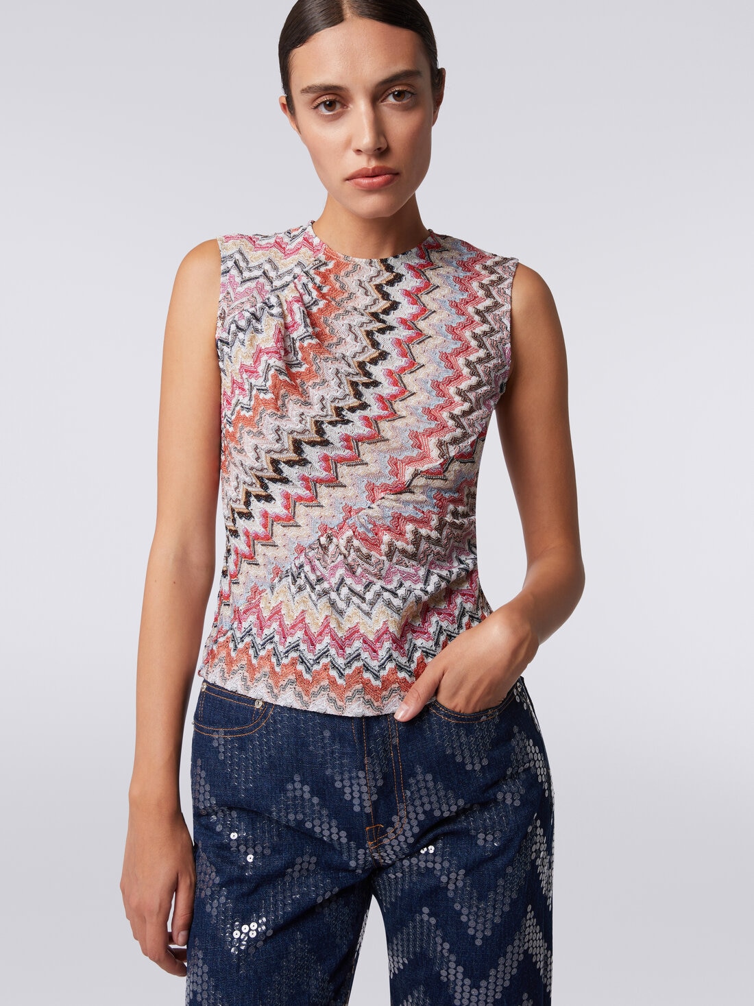 Zigzag crew-neck tank top with gathers, Multicoloured  - DS24SK0RBR00UXSM975 - 4