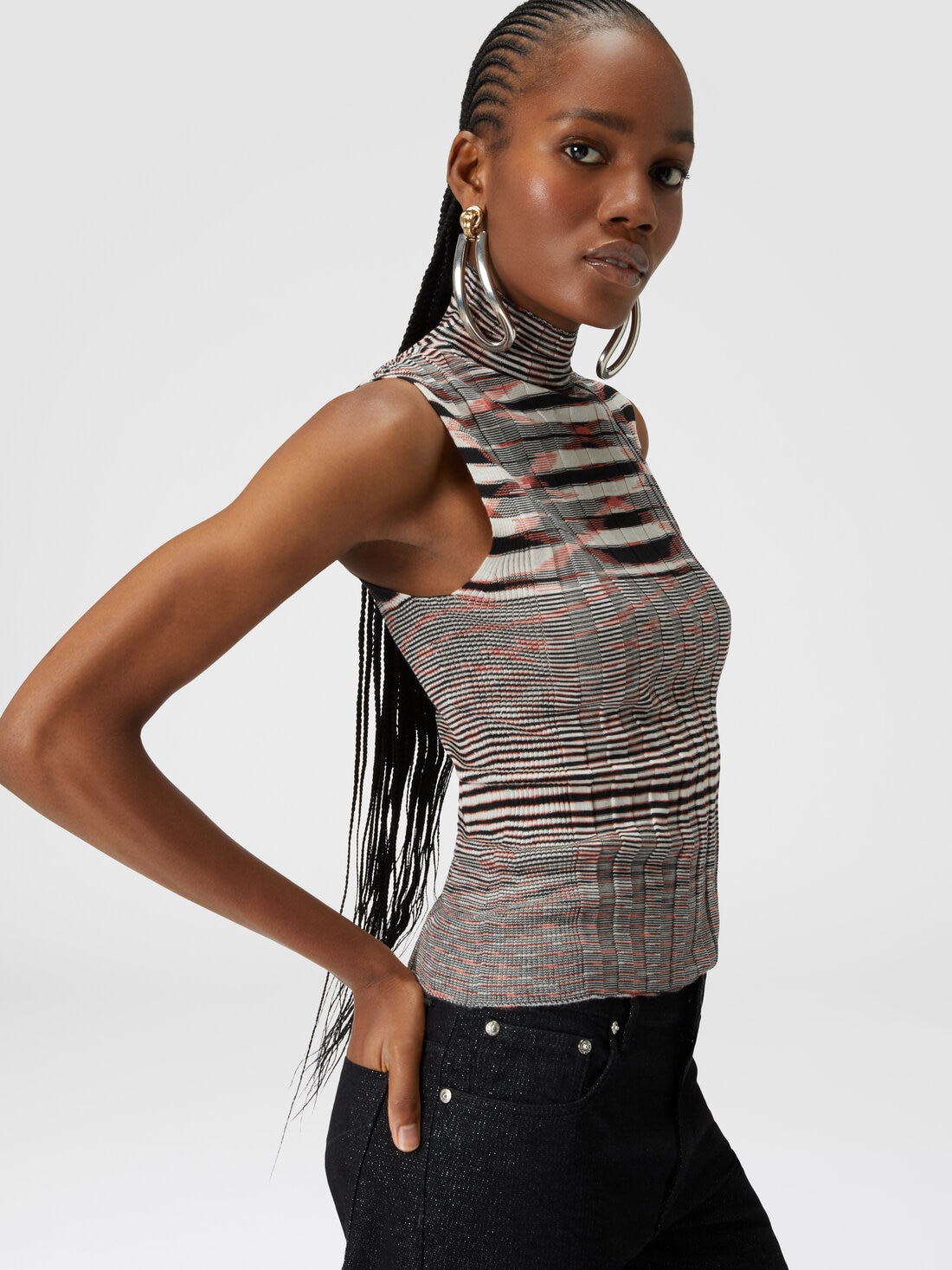 High-neck tank top in ribbed silk and cashmere , Multicoloured  - DS24SK0XBK033NFM12L - 3