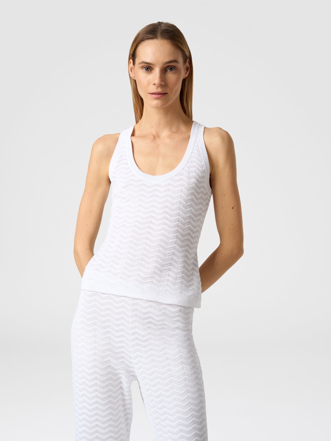 Tank top in chevron cotton and viscose knit, White  - DS24SK11BK033W14001 - 4
