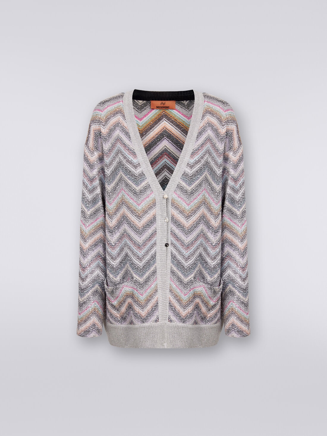 Oversized cardigan in zigzag viscose blend with sequins, Multicoloured  - DS24SM01BC0045L002B - 0