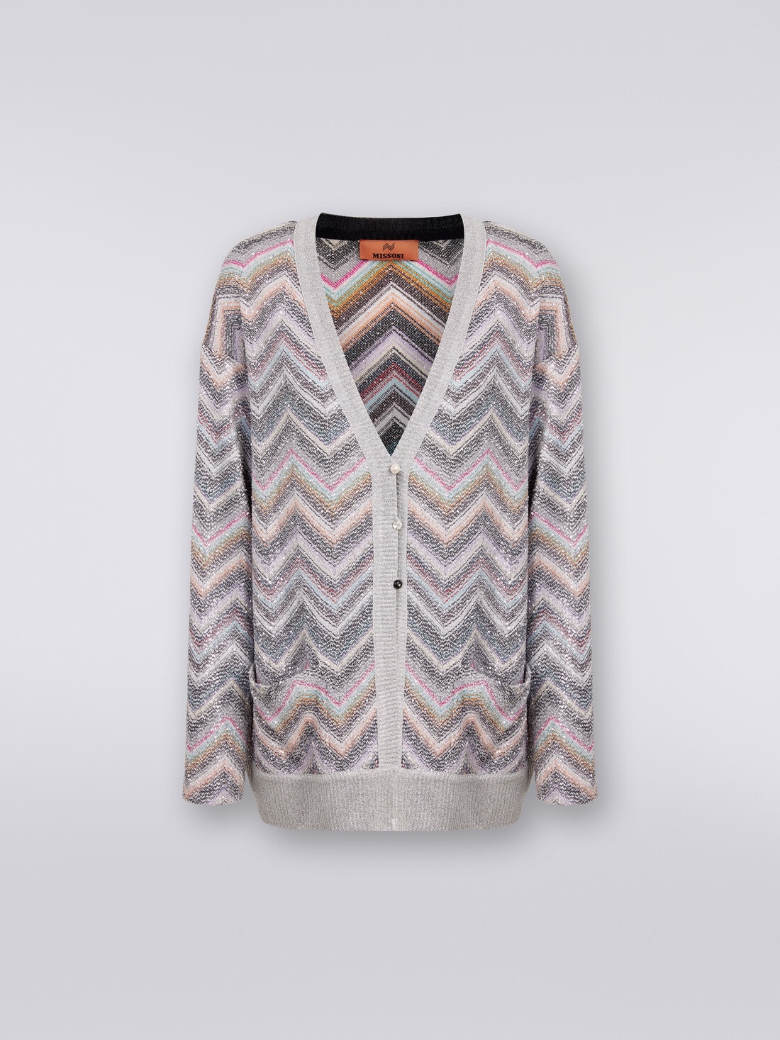 Cardigan oversize in misto viscosa zig zag con paillettes, Multicolore  - DS24SM01BC0045L002B - 0