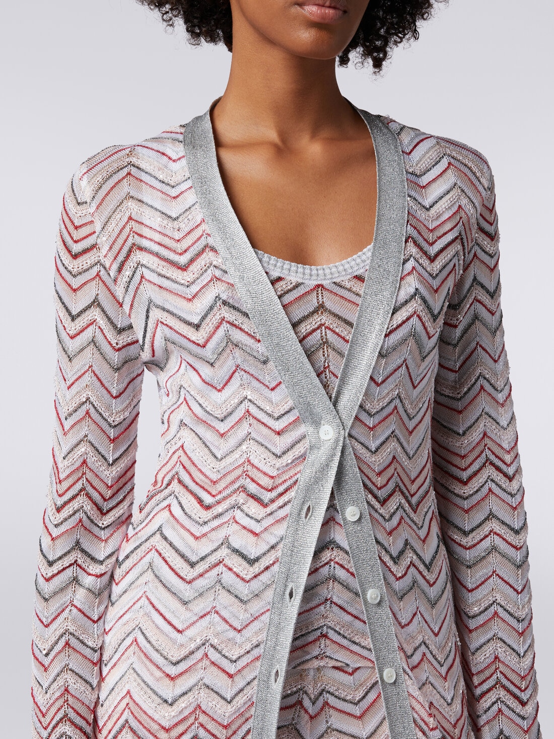 Long cardigan in zigzag knit with lurex and sequins