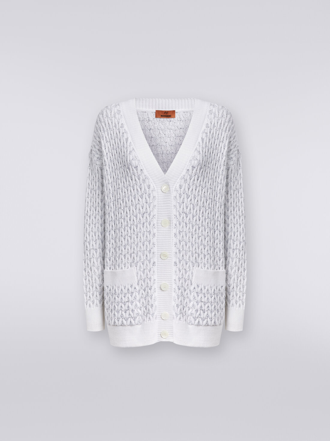 Oversized cardigan in knit with braiding and sequins, White  - DS24SM0GBK033OS00GS - 0