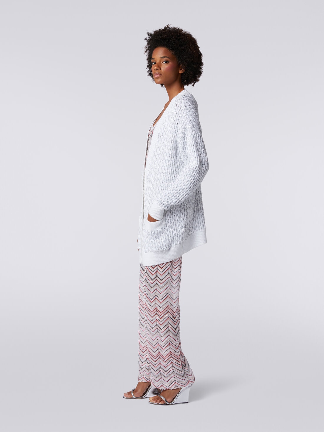 Oversized cardigan in knit with braiding and sequins, White  - DS24SM0GBK033OS00GS - 2